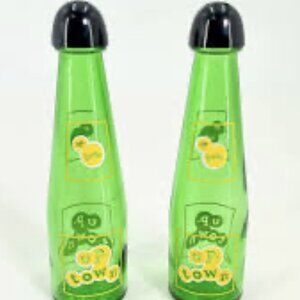 Vintage 50s UP  TOWN Soda Bottle Salt and Pepper Shakers Canada Glass Green